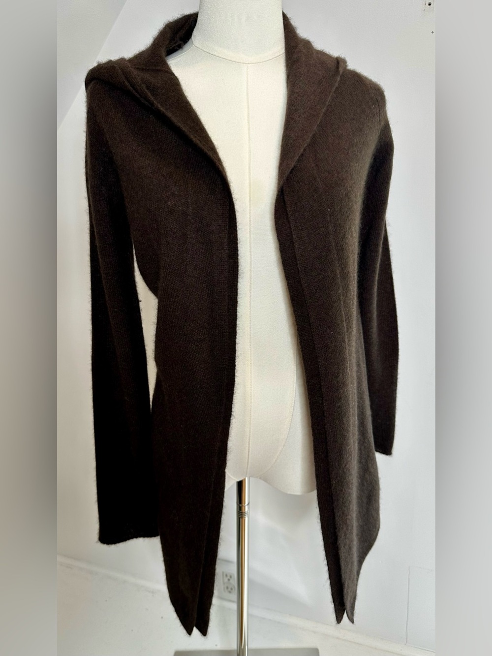 Elena Solano 100% Cashmere Hooded Open Front Long Cardigan Brown Small